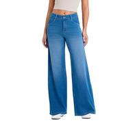 LaiEr Jeans à Jambe Large pour Femmes,avec Design Classique de Devant à Bouton et Fermeture éclair,Coupe Ample,Pantalon en Denim à Haute élasticité adapté.Bleu Clair Moyen,M