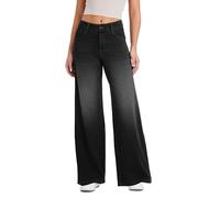 LaiEr Jeans à Jambe Large pour Femmes,avec Design Classique de Devant à Bouton et Fermeture éclair,Coupe Ample,Pantalon en Denim à Haute élasticité adapté.Gris Foncé,XS