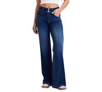 LaiEr Jeans à Jambe Large pour Femmes,avec Design de Devant à Boutons Doubles et Fermeture éclair,Coupe Ample,Pantalon en Denim à Haute élasticité adapté.Bleu Foncé Nostalgique,S