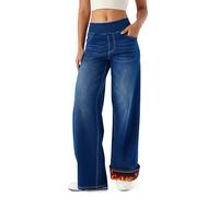 LaiEr Jeans à Jambes Larges pour Femmes avec Doublure Polaire, Taille Haute,Thermiques,épais - Pantalons en Jean à élasticité élevée pour Sports et Yoga,avec Poches,Chauds pour l'hiver(Bleu Foncé,XL)