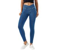 LaiEr Jeans Skinny V Crossover pour Femmes Taille Haute Pull on contrôle du Ventre,Leggings de Fitness décontractés.Tissu Souple et très élastique avec Poches latérales Pantalon de Yoga(Bleu Moyen,S)