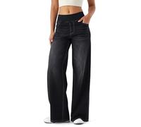 LaiEr Pantalon en Denim à Jambe Large pour Femmes, Taille Haute, Jambe Droite, Coupe Ample, Jeans décontractés très Extensibles pour Le Yoga, Le Fitness, Les Sports décontractés.Gris Foncé,XS