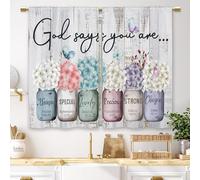 Laifzere Rideaux de fenêtre Courts de Style Rustique, pour Salle de Bain, café, Cuisine, thème Fleurs dans des bocaux et Citation de la Bible « God Says You are… », 69,9 x 99,1 cm