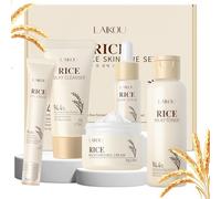 LAIKOU Riz Ensemble de Soins de la Peau, 5 Pièces Coffret Soin Visage Voyage Femme, avce Nettoyant Visage, Toner au Riz, Contour des Yeux, Sérum, Crème Hydratante, pour Nourrir et Revitaliser Peau