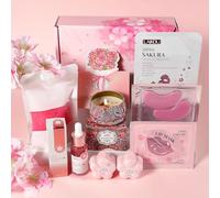 LAIKOU Sakura Coffret Cadeau Femme Relaxation, Coffrets de Bain et de Soins, avec Sérum Visage + Masque Hydratant + Bougie Parfumées + Bombes Douche + Sel de Bain, pour Sœur Mère Collègue Ami