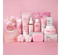 LAIKOU Sakura Coffret SPA Femme Maison, 9 Piezas Coffret Cadeau Femme Relaxation, avec Gel Douche, Lait Corporel, Huile Corps, Crème Mains et Pieds, Gommage Corps, Bombe de Bain, Savons