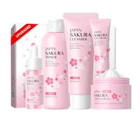 LAIKOU Sakura Ensemble de Soins du Visage, 5 Pièces Coffret Soin Visage Ado Fille, avec Nettoyant Visage,Toner, Contour Yeux, Sérum, Crème, Soins pour le Visage Coffret pour Adolescentes Femmes