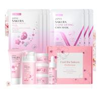 LAIKOU Sakura Ensemble de Soins du Visage, 8 Pièces Kit Soins Visage Ado, Nettoyant Sérum Masque Hydratant et Masque Cou Contour des Yeux Crème de Jour et Nuit Femme (8pcs)