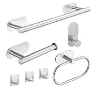 Laimew Ensemble D'accessoires de Salle de Bain, 7 Pièces sans Perçage Porte Serviette de Salle de Bain, Anneaux Porte-Serviettes en Acier Inoxydable Noir, Support Papier Toilette Adhésifs Noirs