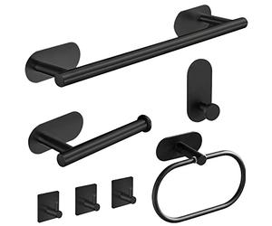 Laimew Ensemble D'accessoires de Salle de Bain, 7 Pièces sans Perçage Porte Serviette de Salle de Bain, Anneaux Porte-Serviettes en Acier Inoxydable Noir, Support Papier Toilette Adhésifs Noirs