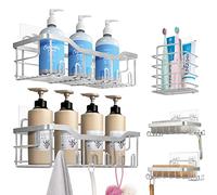 Laimew Etagère Douche sans Percage, 5 PCS Etagere Rangement Salle de Bain, Etagere Salle de Bain sans Percage, Accessoire de Salle de Bain en Acier Inoxydable 304, Rangement Douche Gris argenté