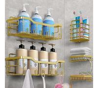 Laimew Etagère Douche sans Percage, 5 PCS Etagere Rangement Salle de Bain, Etagere Salle de Bain sans Percage, Accessoire de Salle de Bain en Acier Inoxydable 304, Rangement Douche Doré