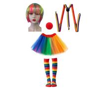 Lainiaoly Ensemble De Costume De Clown Pour Femme, 5 Pièces Déguisement De Arc-en, Comprenant Une Robe Arc-en, Perruque, Un Nez Rouge, Bretelles Réglables En Y Dans Le Dos, Chaussettes Hautes
