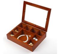 Lainrrew Boîte à bijoux en bois à 9 compartiments, présentoir à bijoux vintage pour boucles d'oreilles, bagues, colliers, bracelets, boîte de rangement pour filles, femmes, mamans, épouses (9 grilles)