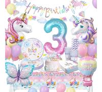 LAISLLA Vaisselle Anniversaire Licorne, 3 Ans Decoration Anniversaire Papillon, Assiettes Anniversaire Papillon Decoration pour Enfants Fille 3 Ans, 16 Invités