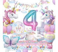 LAISLLA Vaisselle Anniversaire Licorne, 4 Ans Decoration Anniversaire Papillon, Assiettes Anniversaire Papillon Decoration pour Enfants Fille 4 Ans, 16 Invités