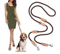 Laisse 3 Points pour Chien Réglable 2.1m, Multifonctionnelle Guinzaglio Doppio per Cani Ajustable, Double Nylon avec 2 Mousquetons et 3 Anneaux, pour Moyens et Gros Chiens Convient (Marron)