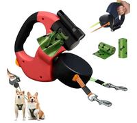 Laisse Chien Rétractable 10 Pieds,Enrouleur Double pour 2 Chiens,avec lumière LED & Sac de Poubelle,Rallonge Anti - enroulement à 360°,pour Chiens jusqu'à 50kg pour entraînement et promenades (Rouge)