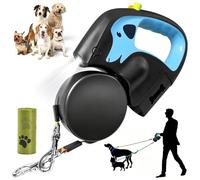 Laisse double rétractable pour 2 chiens, laisse double 3 m pour promener 2 chiens sans nœuds, avec ruban en nylon anti-enchevêtrement à 360°, lampe de poche rechargeable et distributeur de sacs à