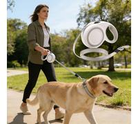 Laisse rétractable améliorée de 4,9 m pour chiens de taille moyenne/grande pesant jusqu'à 11,8 kg, longue laisse rétractable à 360°, poignée douce, frein à une main, blanc, taille M