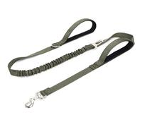 Laisse tactique à double poignée avec absorption des chocs, 1,5 m - Laisse élastique réfléchissante et résistante pour chiens de taille moyenne et grande - Pour la marche, le dressage, vert kaki