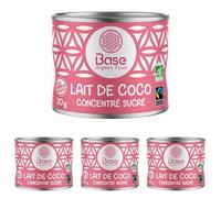 Lait de Coco BIO Concentré Sucré 210g | Vegan | Sans Additifs | Sans Lactose | Equitable | Recette sucrée | Pâtisserie | Dessert | Boisson Chaude | Sans BPA | BASE ORGANIC FOOD (Lot de 4)