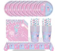 LAjuu 69pcs Vaisselle Révèle Le Genre de Bébé Girl Or Boy, Assiette, Coupe, Serviette en Papier, Paille, Nappe, Gender Reveal Vaisselle -16 bit