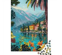 Lake Como Italy Tropical Abstract Minimalist Art Illustration | Comme idée cadeau de Noël : Puzzle 1000 pièces adulte ; pour un cadeau qui reste agréable bien après les fêtes.