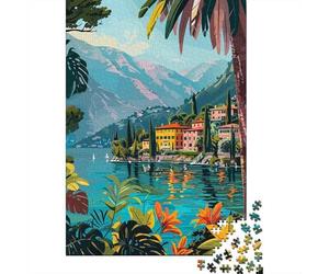 Lake Como Italy Tropical Abstract Minimalist Art Illustration | Comme idée cadeau de Noël : Puzzle 1000 pièces adulte ; pour un cadeau qui reste agréable bien après les fêtes.