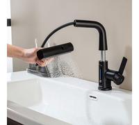 LakeBayMZC Robinet de salle de bain avec LED de température, avec douche amovible à 3 modes, mitigeur de lavabo amovible, robinets de salle de bain, réglable en hauteur, noir