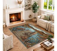 Lakeside Dock Tapis avec scène naturelle d'automne 1,2 x 1,8 m | Illustration de canoë, jetée en bois rustique, panier de pique-nique, paysage pittoresque de lac, feuilles d'automne