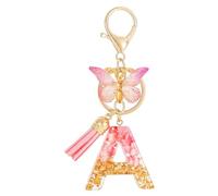 LAKJUOZ 1 Pièces Alphabet Initiale Lettre Porte-Clés Avec Papillon Pompon Pendentif, Alphabet Initial Letter Keychain Kit, Rose Résine Key Ring Charm Pour Femmes Filles Sac À Main Bagages Décoration