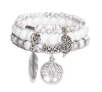 Bracelet Femme Pierre Naturelle, 3Pcs Set Naturel Blanc Howlite Pierre Bracelet Arbre De Vie Plume Cristal Bracelet Chakra Bracelet Pierres Précieuses Reiki Yoga Charme Bijoux Porte-Bonheur Pour Ho