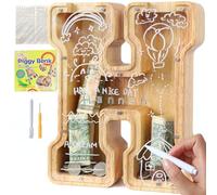Lakpopya Tirelire en Bois Grande pour Enfant Adulte Tirelire Cochon Personnalisée de Lettres A-Z avec Zone Cible Tirelire Billet Transparente Créative pour Cadeau Décoration Baptême (H)
