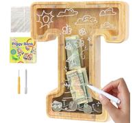 Lakpopya Tirelire en Bois Grande pour Enfant Adulte Tirelire Cochon Personnalisée de Lettres A-Z avec Zone Cible Tirelire Billet Transparente Créative pour Cadeau Décoration Baptême (T)