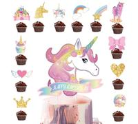 LAKPYN 37 Pièces Licorne Gâteau Topper, Licorne Cake Topper, Decoration Gateau, Deco Gateau pour Enfants Fête D'anniversaire Baby Shower