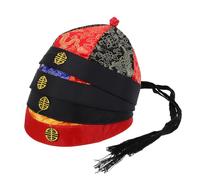LALADEFIEE 4 Pièces Lot de 4 Chapeaux de Fête Dynastie Qing pour Adultes, Chapeau de Costume Ancien en Tissu Rouge et Bleu, Accessoire de Théâtre Traditionnel Chinois avec Tresse, Chapeau