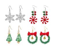 LALADEFIEE Boucles D'oreilles de Noël Design Compact et Pratique Unisexes Chic en Alliage, Lot de 4 Paires Motifs Sapin, Cloche, Couronne et Flocon, Présent Saint-valentin