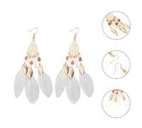 LALADEFIEE Boucles d'Oreilles Pendantes Vintage pour Femme Style Rétro Pompons Blancs Pendentifs Feuilles et Plumage Légères Bijoux de Fête Élégants et Décorations Auriculaires Longues
