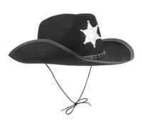 LALADEFIEE Chapeau de Shérif Noir Style Western Étoile Dorée en Plastique, Tissu Non Tissé Confortable et Cordon Ajustable pour Fêtes Costumées et Halloween