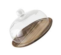 LALADEFIEE Cloche à Dessert en Verre Transparent Plateau en Bois d'Acacia 28 CM Présentoir à Gâteaux et Collations Plateau de Service Polyvalent pour Fêtes et Anniversaires