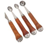 LALADEFIEE Ensemble 4 Pièces Cuillères à Fruits en Acier Inoxydable avec Manches en Bois Patte de Chat Cuillère Melon Sphérique et Couteau Dentelé Outil Sculpture Fruits Pâtisserie et