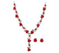 LALADEFIEE Ensemble Bijoux Femme Rouge Collier Rose Réglable et Boucles D’Oreilles en Alliage Parure Vintage pour Mariage et Accessoires de Fête Élégants
