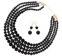 LALADEFIEE Ensemble de Bijoux pour Femmes Collier à Perles Noir Multi-Couches et Boucles d'Oreilles Perlées Accessoire Élégant pour Mariage Fête et Banquet Parure Mariage et Raffinée
