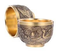 LALADEFIEE Lot de 2 Tasses à Thé en Laiton Jaune Style Rétro Dragon et Phoenix, Gobelets Métalliques à Large Ouverture pour Service à Thé, Décoration Bureau et Fêtes Traditionnelles