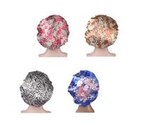 LALADEFIEE Lot de 4 Bonnets de Nuit en Satin à Larges Bords Bonnets de Chimiothérapie et Protection Chute de Cheveux Taille Unique Élastique Motifs Beige Floral Rose Bleu et Noir-Blanc