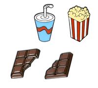 LALADEFIEE Lot de 4 Broches à Vêtements en Alliage Chocolat Mini Pop-Corn et Boisson Gazeuse Accessoires Décoratifs Polyvalents pour Paquet et Vêtements Créatives pour Fêtes et Usage