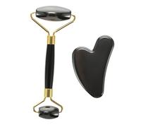LALADEFIEE Set de 2 Instruments de Massage Visage en Pierre Noire Rouleau Courbé pour Beautifier la Peau et Planche de Gua Sha pour Massage du Visage