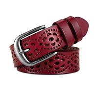 lalafancy Ceinture Vintage Véritable en cuir de vachette pour femme Mode Creuse Fleur Design Ceinture pour femme avec boucle en alliage pour Jean (Rouge)