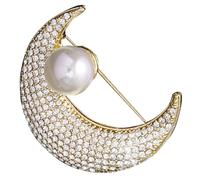 LALAFINA Épingle Lune en Alliage Doré Élégante avec Cristaux et Perles Imitation, Accessoire Polyvalent pour Femmes, pour Anniversaires et Fêtes de Noël